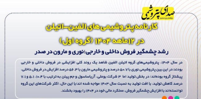 کارنامه پتروشیمی‌های الفین_اتیلن در ۱۲ ماهه ۱۴۰۴(گروه اول)؛ نوری و مارون در صدر